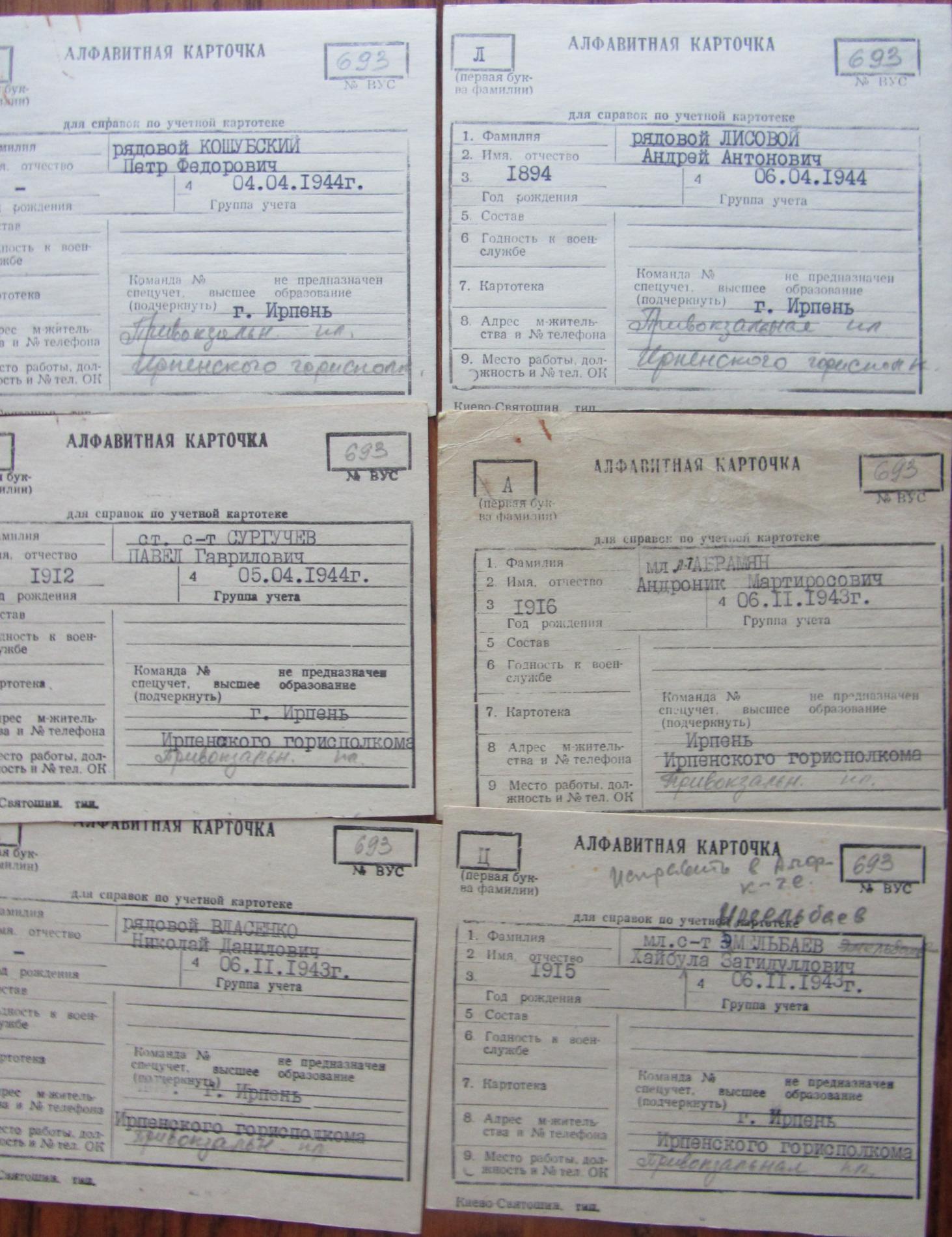 Учетные карточки за захороненных в братской могиле на Привокзальной площади в г. Ирпень