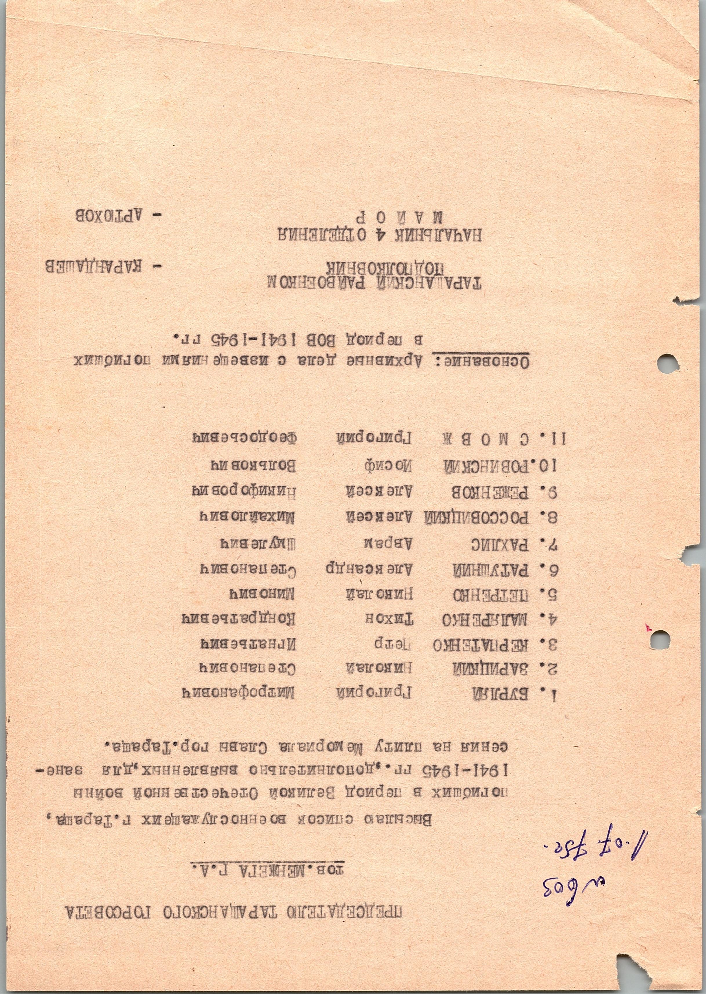 Списки военнослужащих г. Тараща, погибших  в 1941-1945 гг.