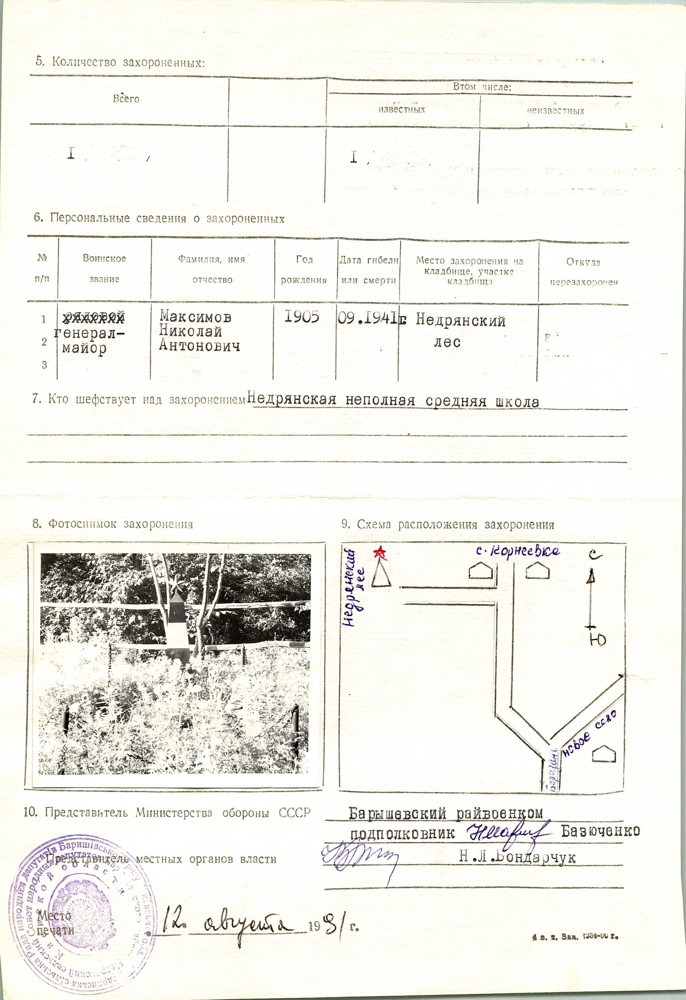 Могила Максимова Н. А. в с. Недра Барышевского района