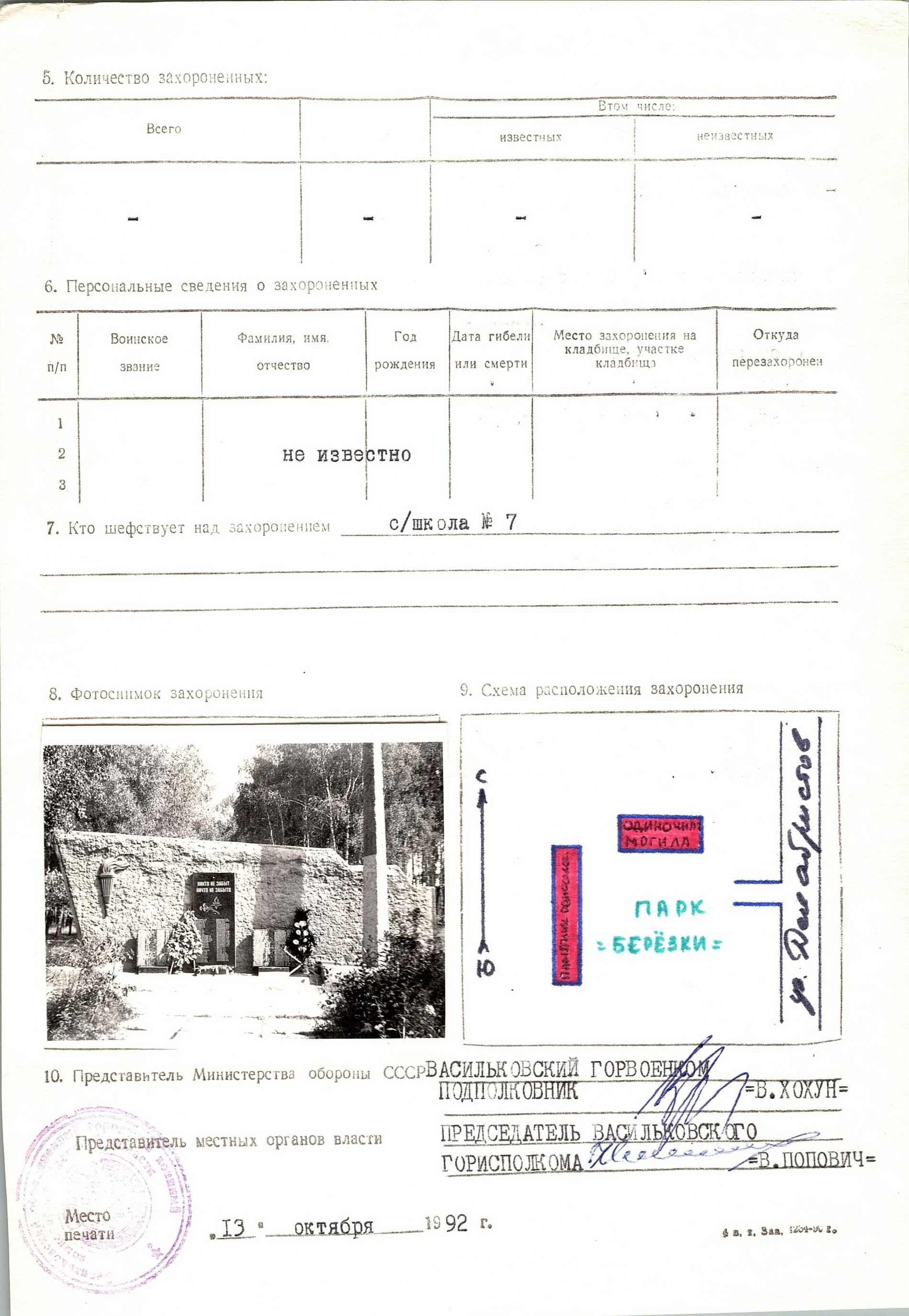 Одиночная могила неизвестного солдата в парке г. Васильков Васильковского района 