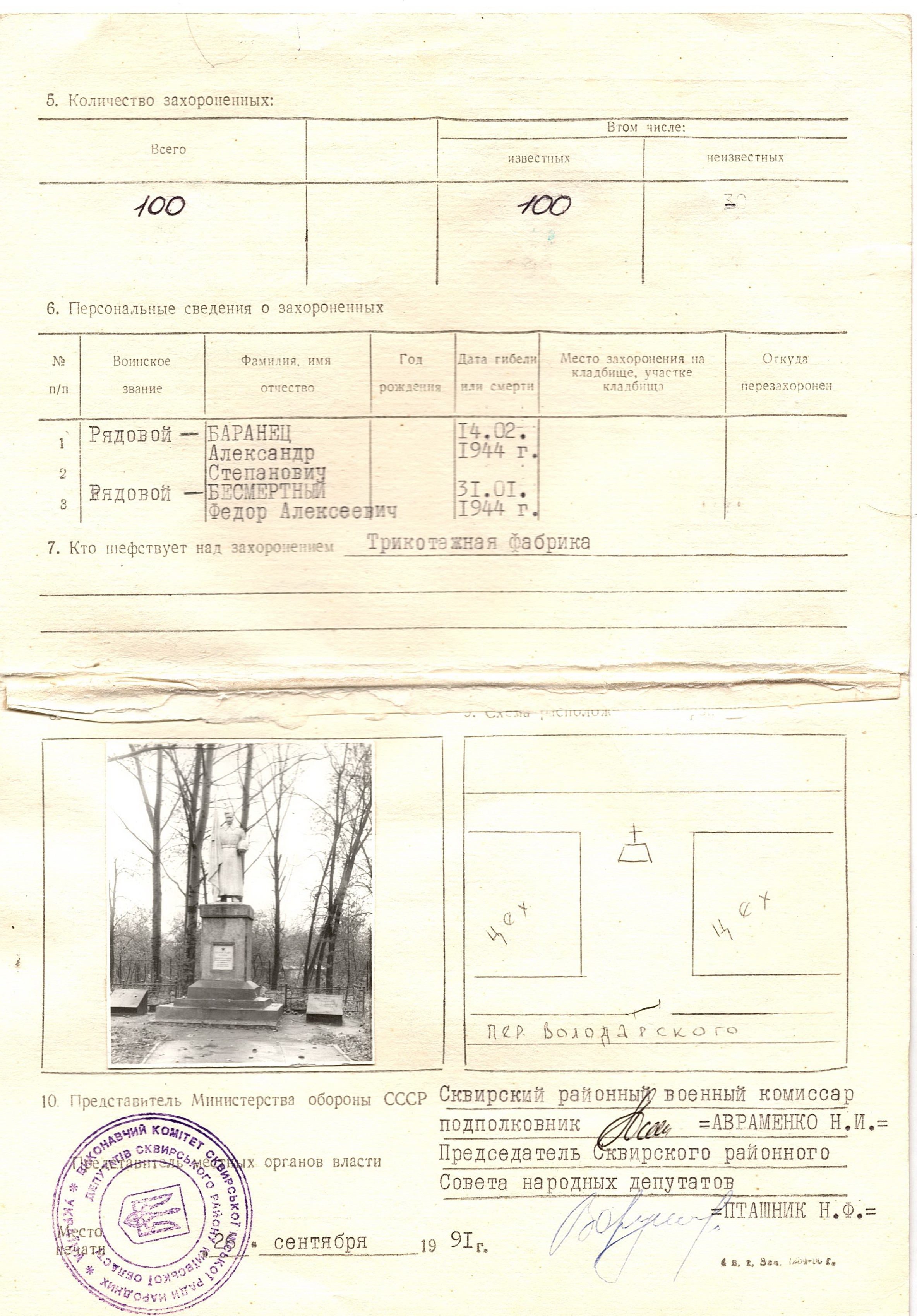 Братская могила возле трикотажной фабрики в г. Сквира Сквирского района