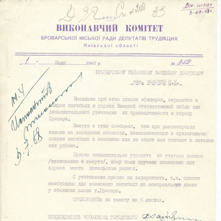 Список офицеров, сержантов и солдат, погибших в 1941-1945 гг. в Броварском районе