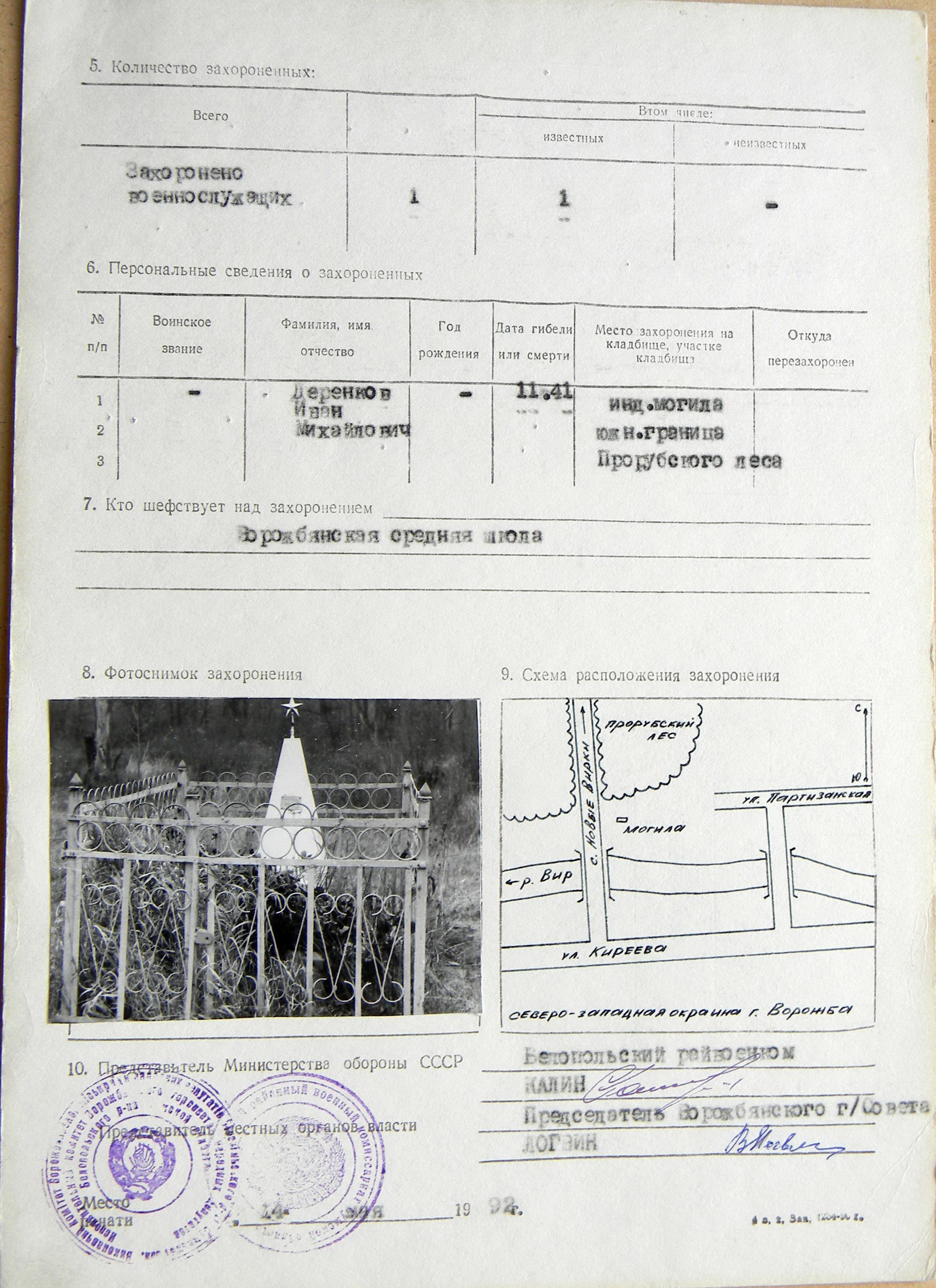 Могила Деренкова Ивана Михайловича в г. Ворожба