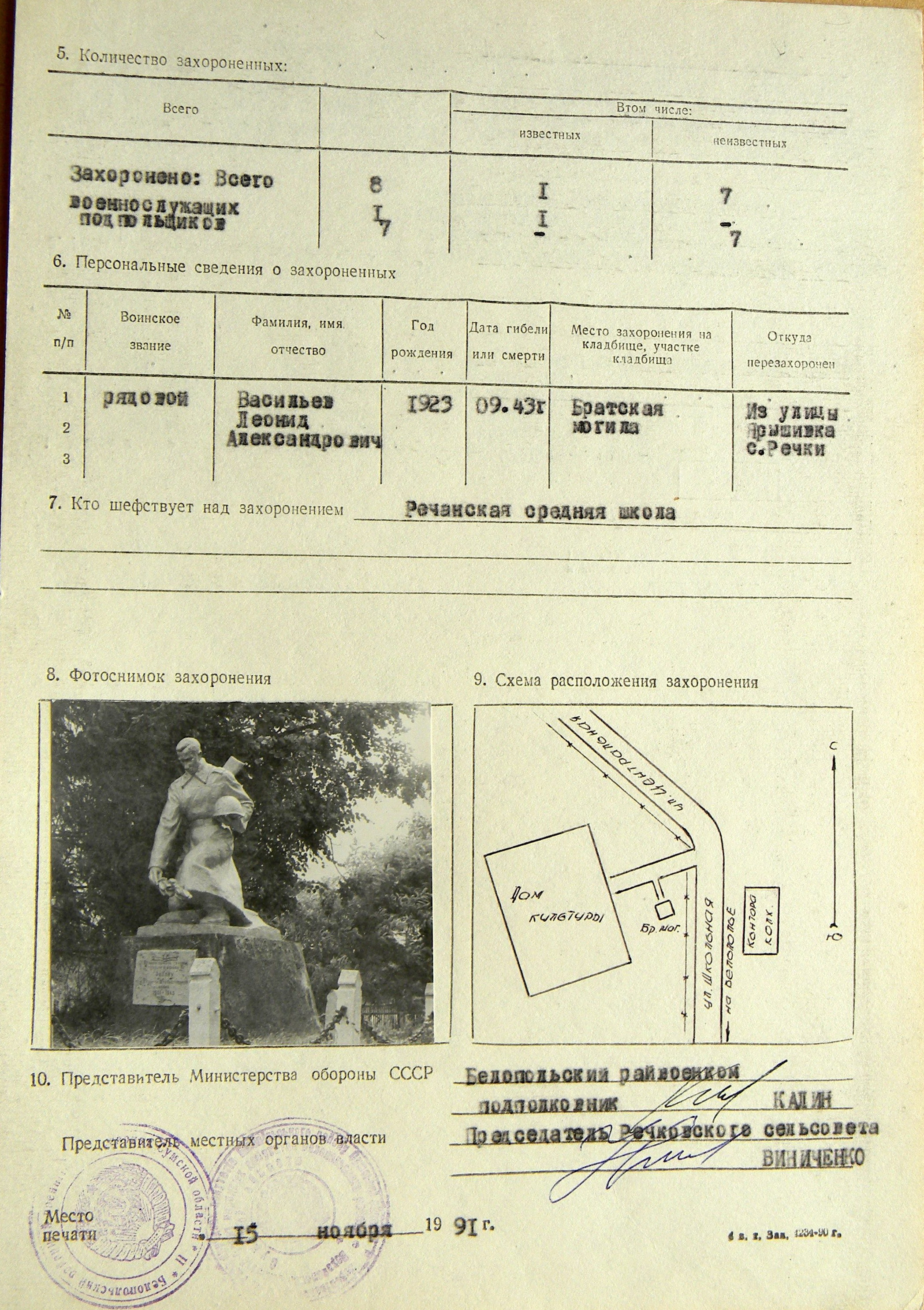 Братская могила в центре с. Речки 