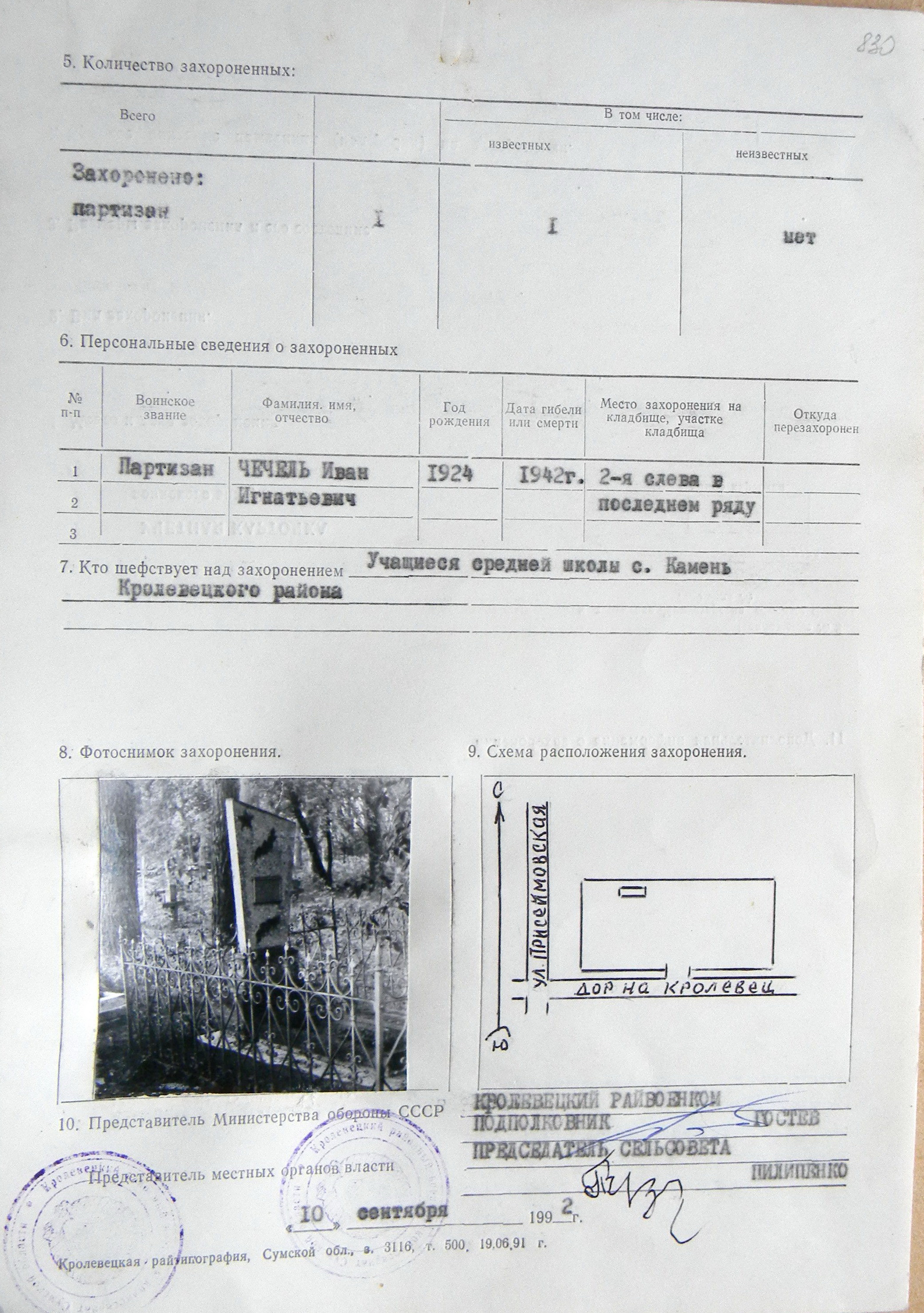 Могила партизана Чечеля И. И. в с. Камень
