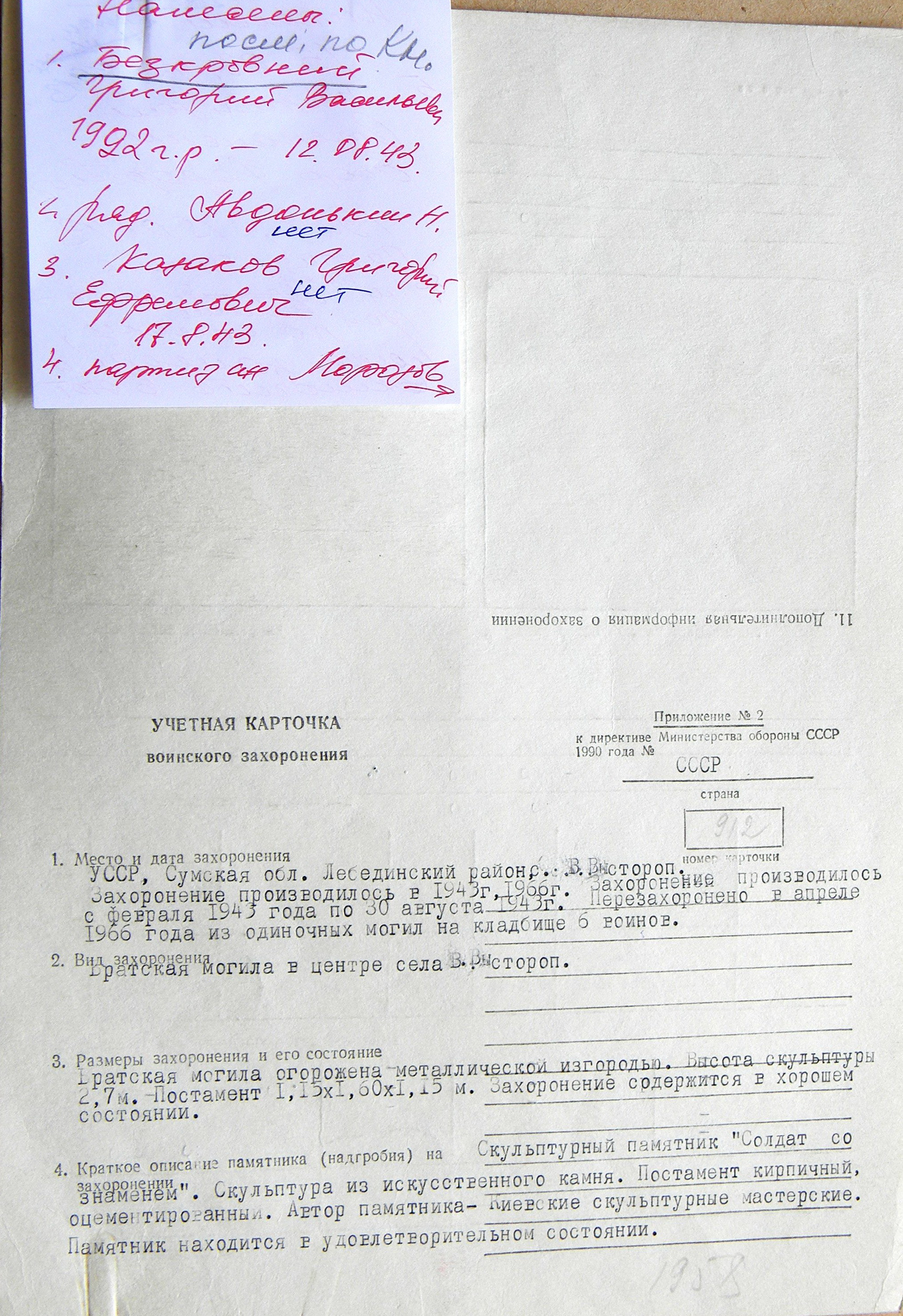 Братская могила в центре села  с. Великий Выстороп