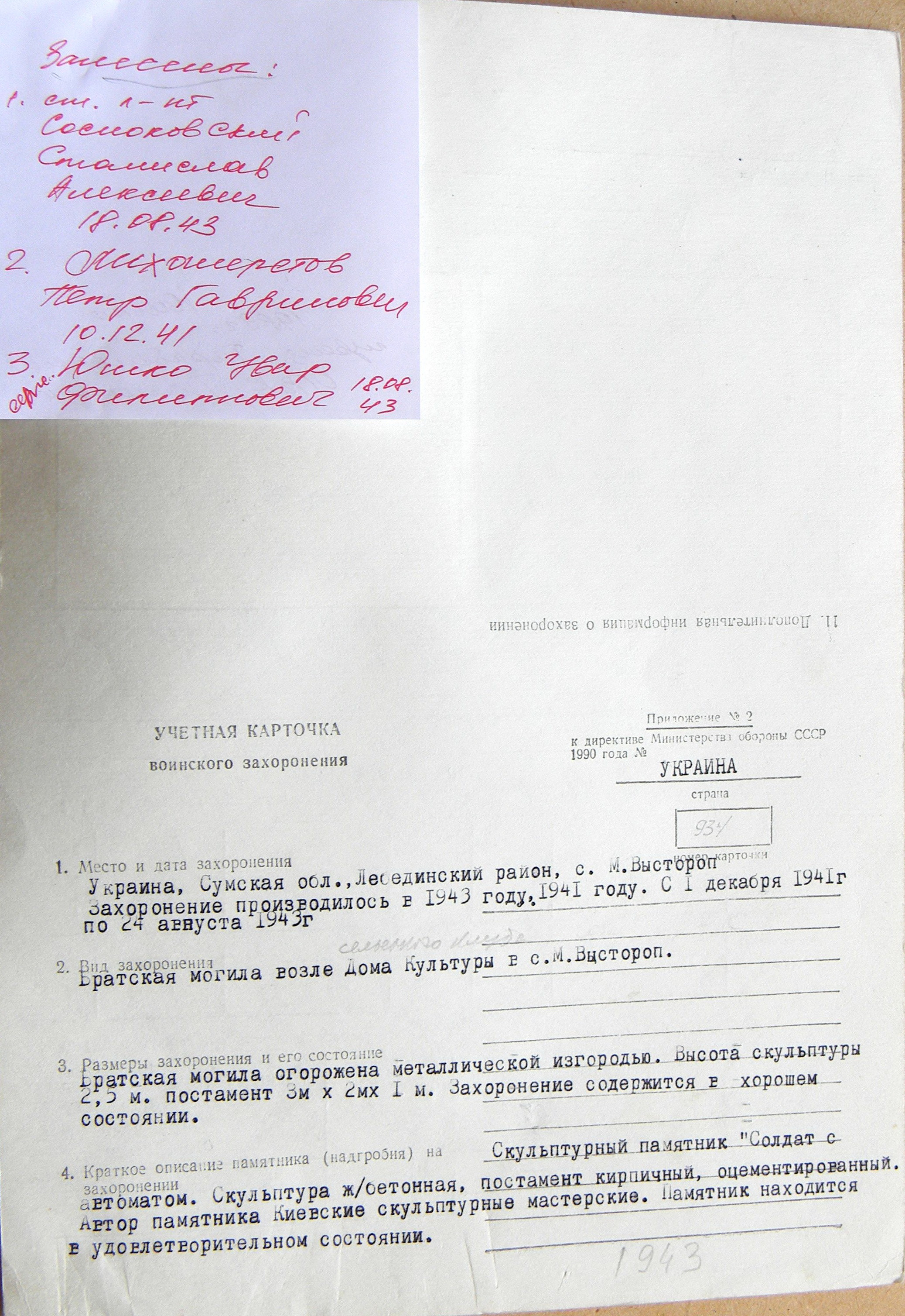 Братская могила возле церкви с. Малый Выстороп