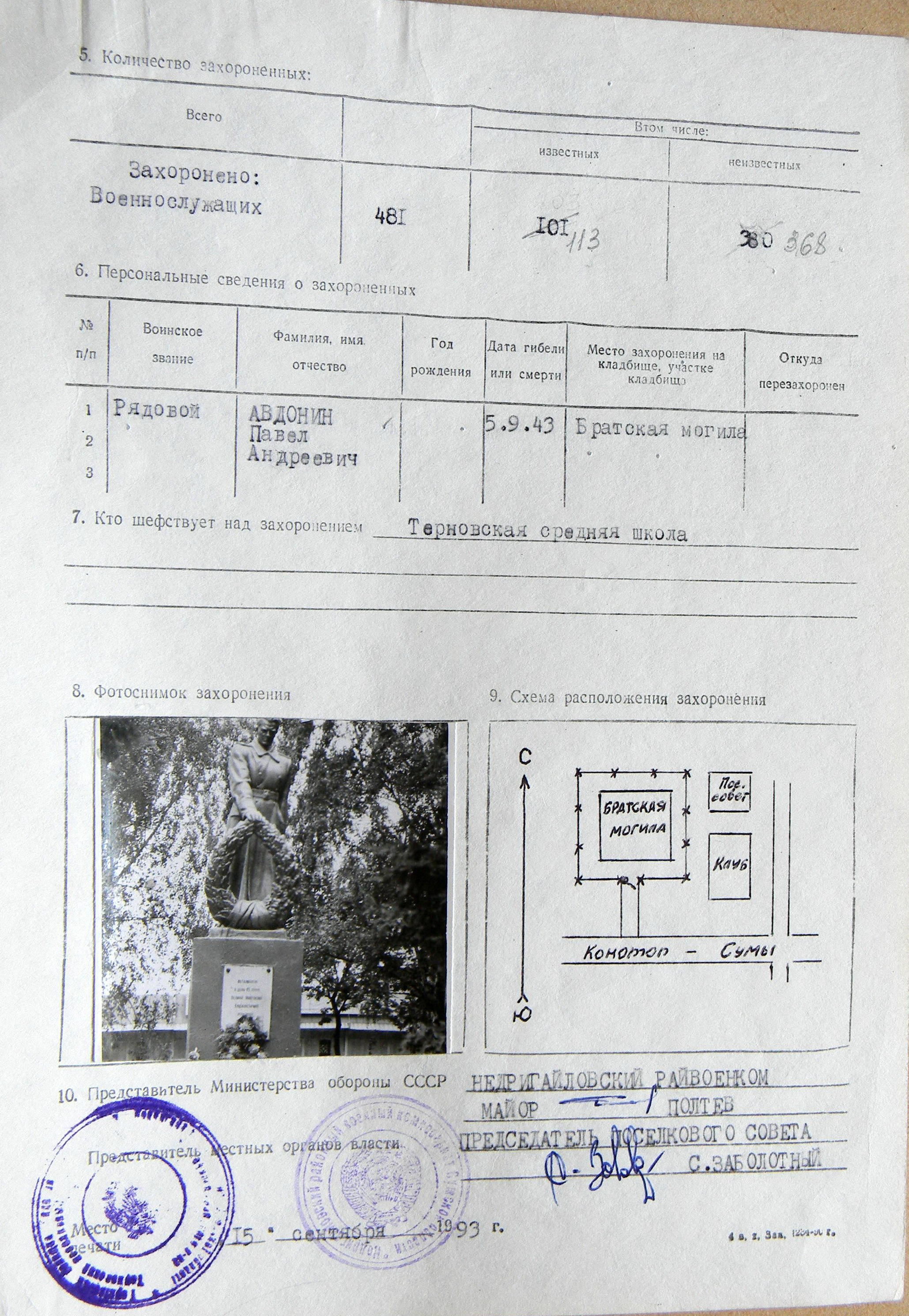 Братская могила в центре п. Терны 