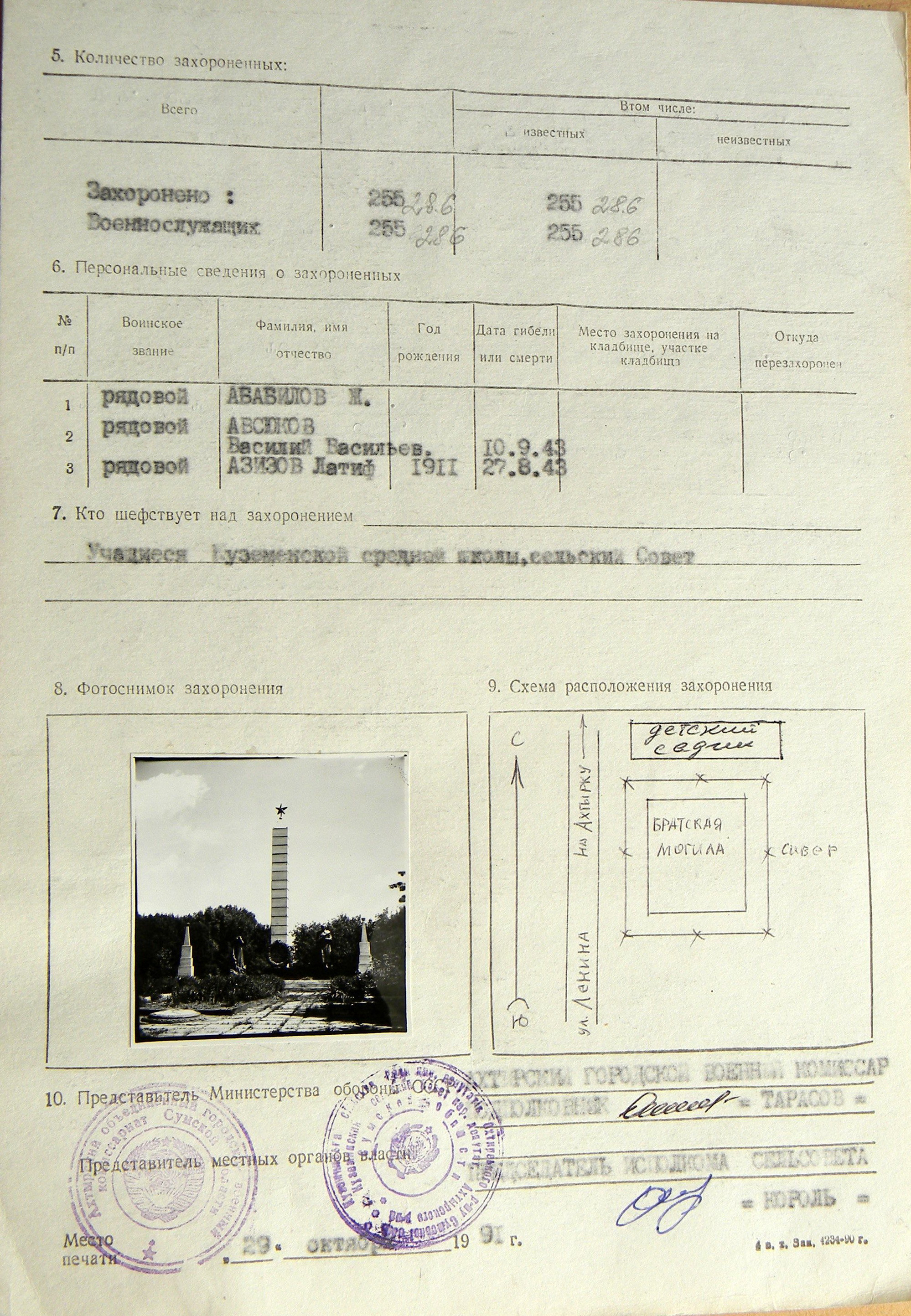 Братская могила в саду в с. Куземин 