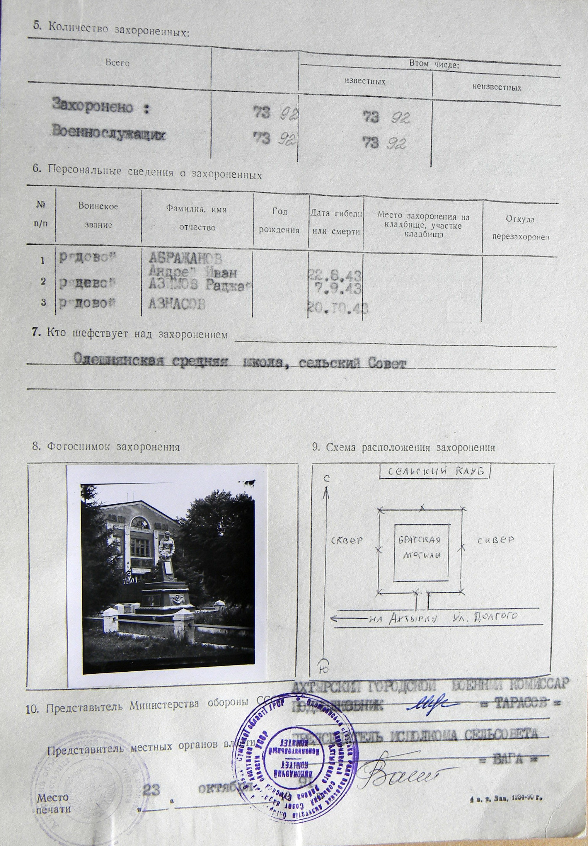 Братская могила возле клуба в с. Олешня