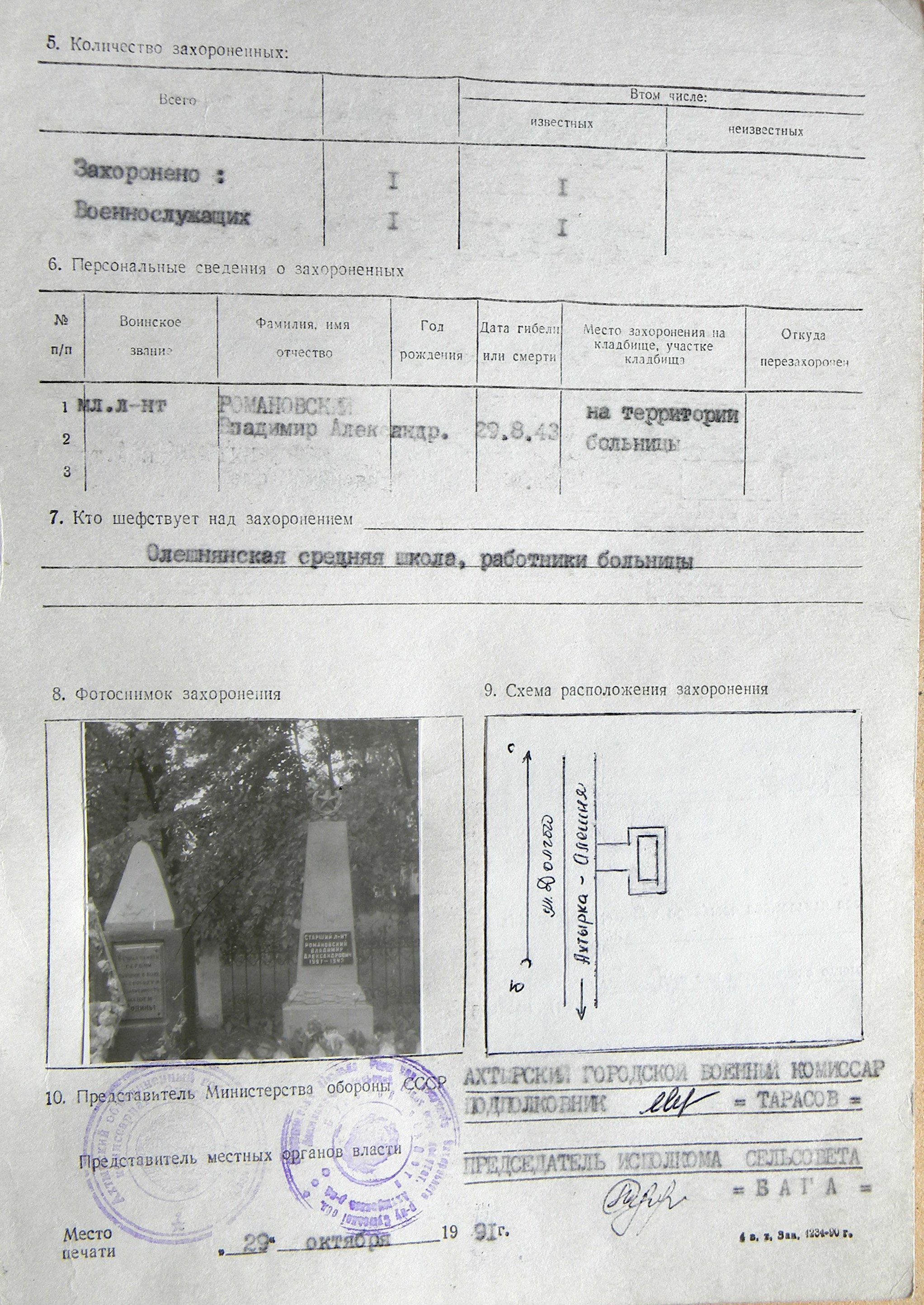 Одиночная могила возле больницы в с. Олешня