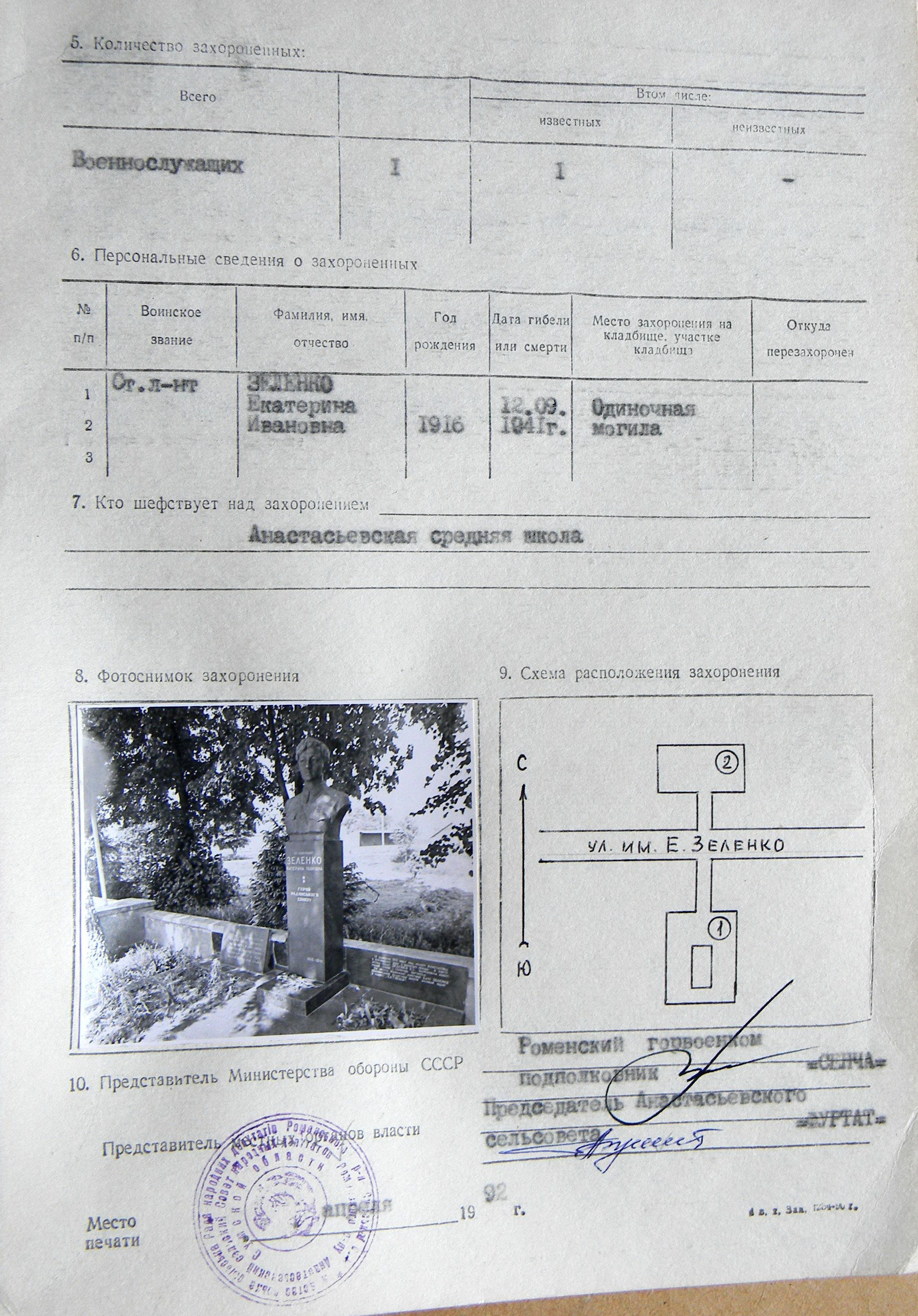 Могила ст. лейтенанта Зеленко Е. И. в с. Анастасьевка