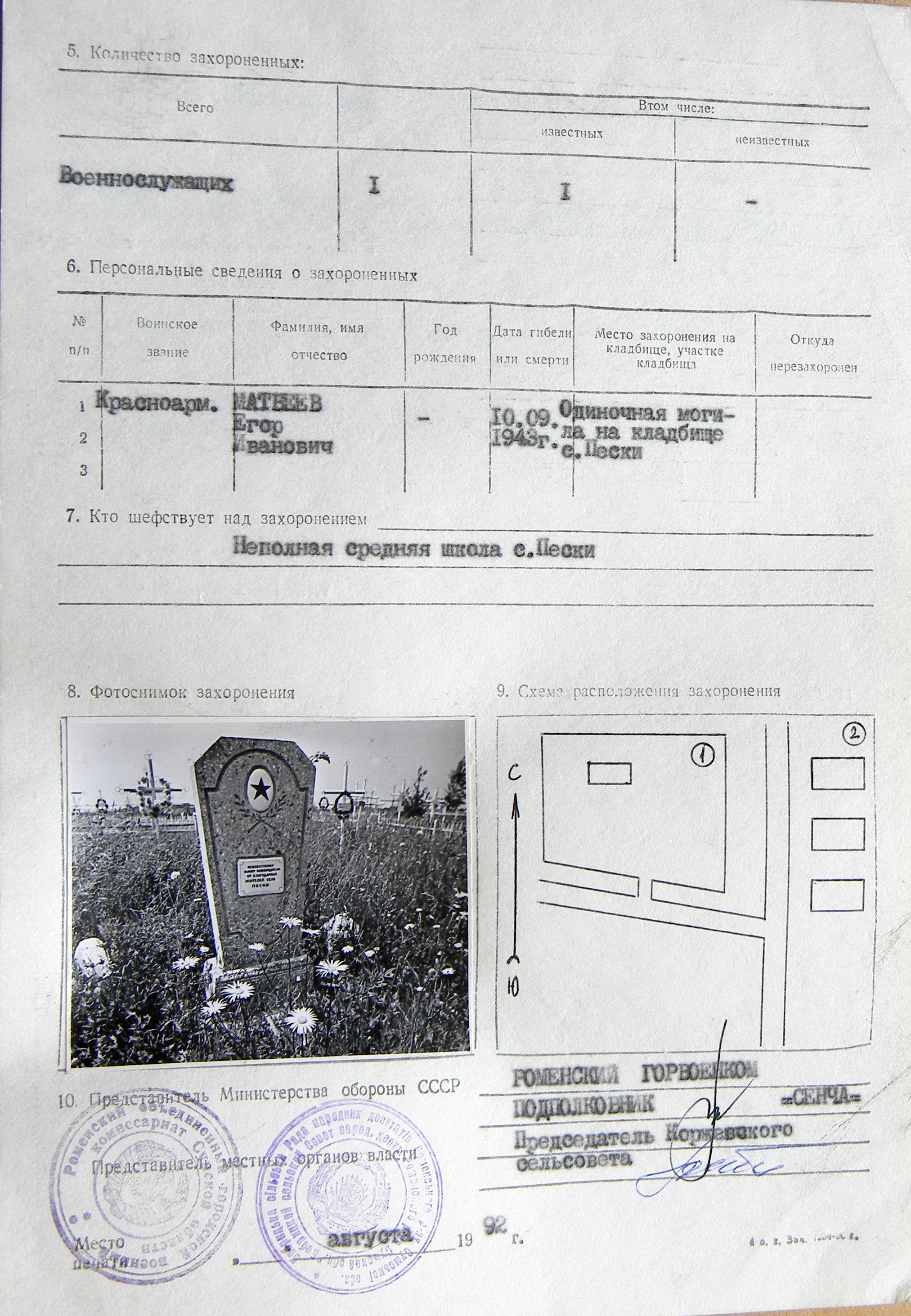 Могила красноармеца Матвеева Е. И. в с. Пески